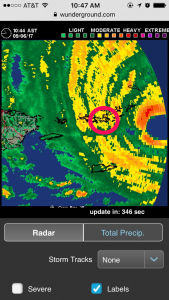 10:47 a.m. The last screenshot I took of the weather radar before we lost cell service. I’ve added a circle around St. John. We were certain the eye was coming our way and were looking forward to the break.